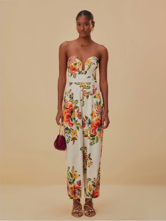 FARM Rio Pants - FARM Rio Strapless Floral Barrel-Leg Jumpsuit - White with Red, Orange & Blue